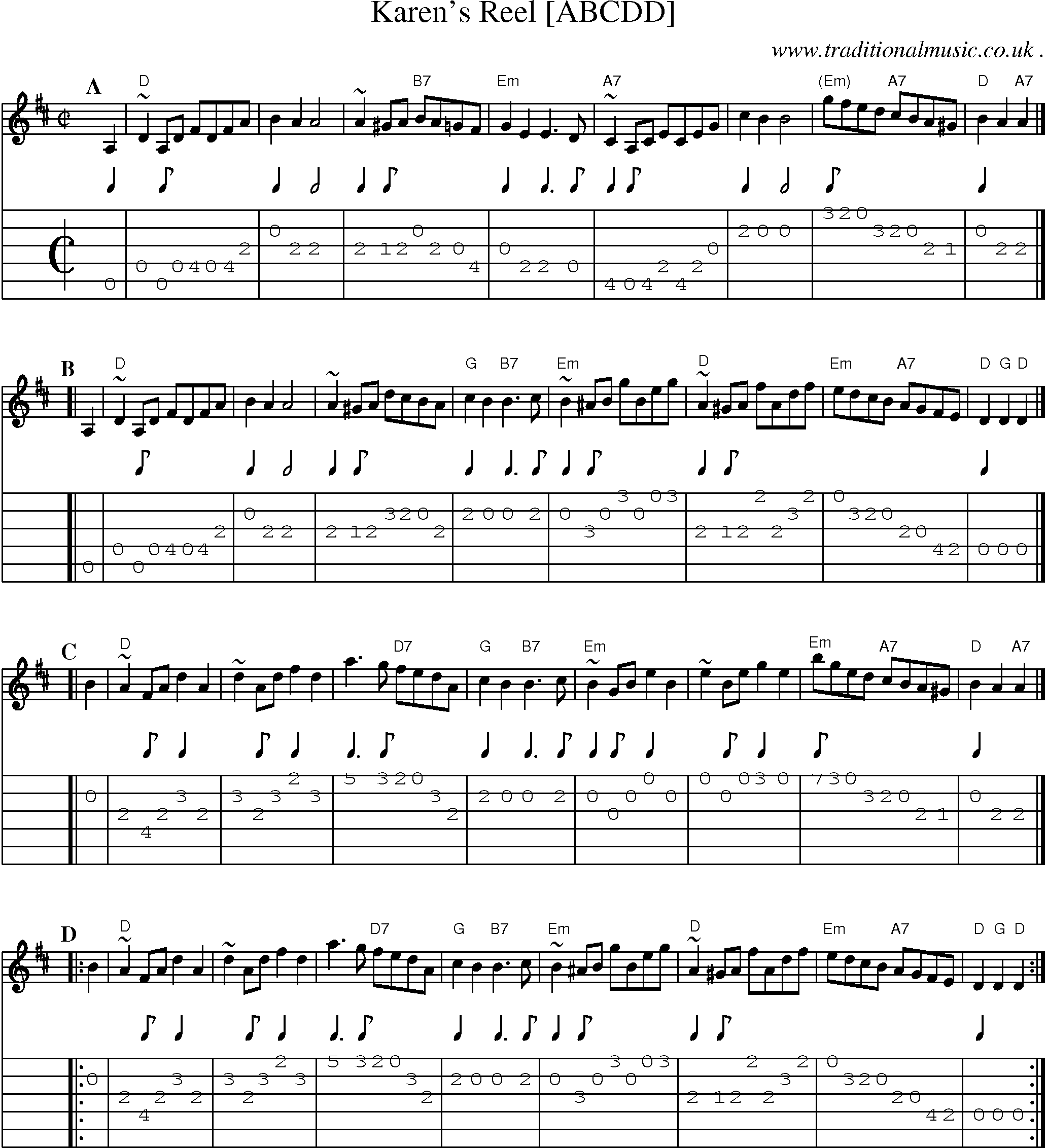 Sheet-music  score, Chords and Guitar Tabs for Karens Reel [abcdd]